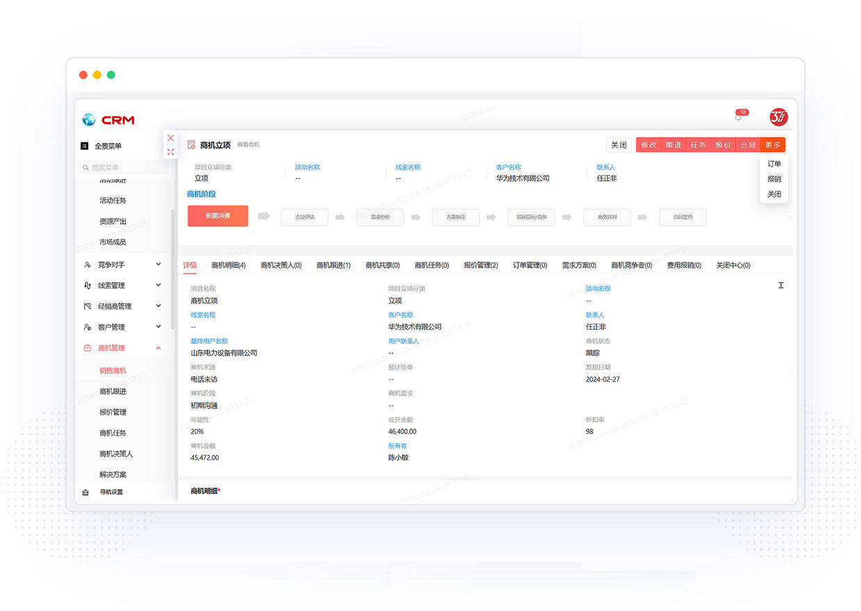 客户关系管理系统的商机管理功能模块图